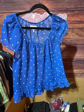 Blue Polka Dot Short Sleeve Peasant Top